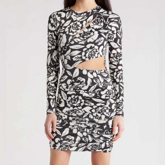 AFRM NWT Black White Rose Print Noir Rose Long Sleeve Ruched Slinky Dress - Picture 1 of 6